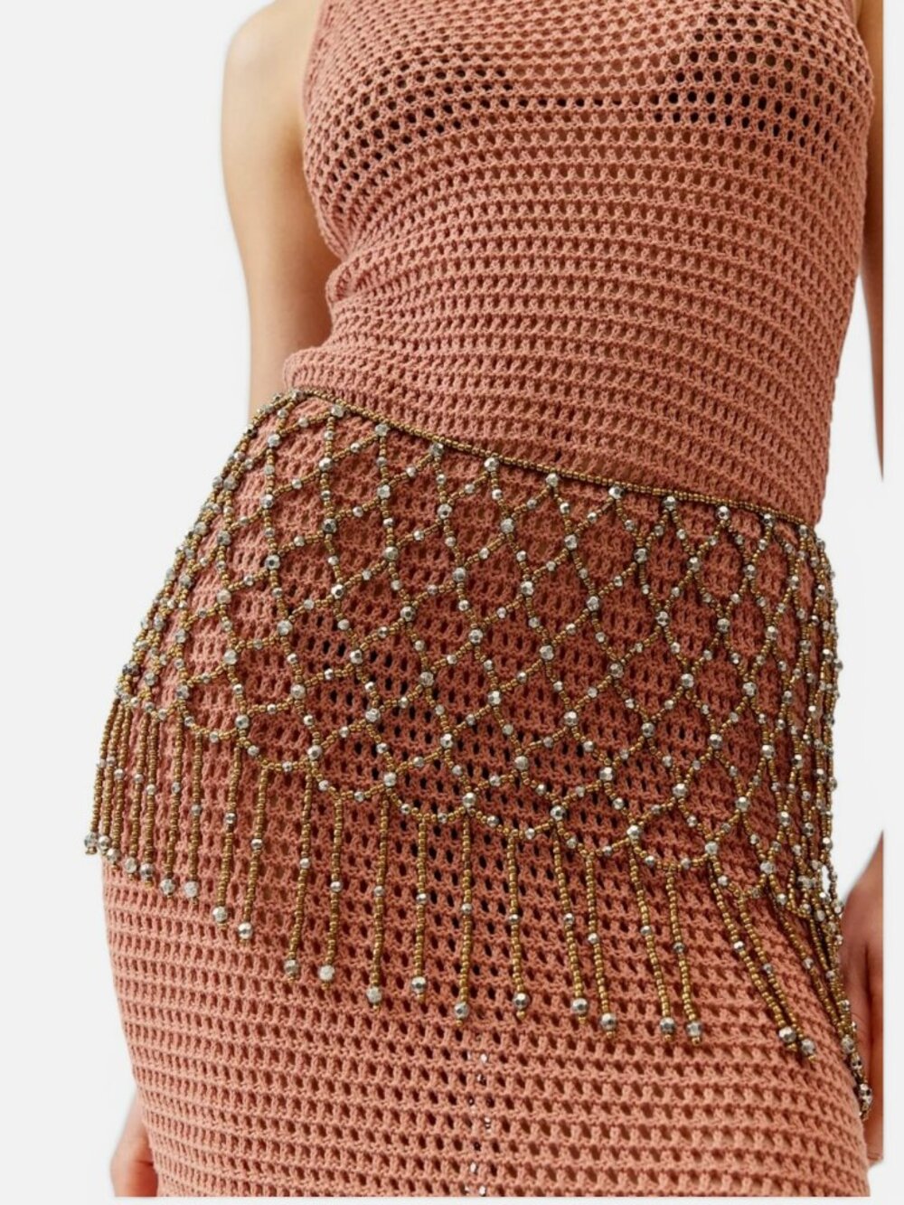 Urban Outfitters Beaded Fringe Skirt Bronze Festival Waist Chain Calliope OS